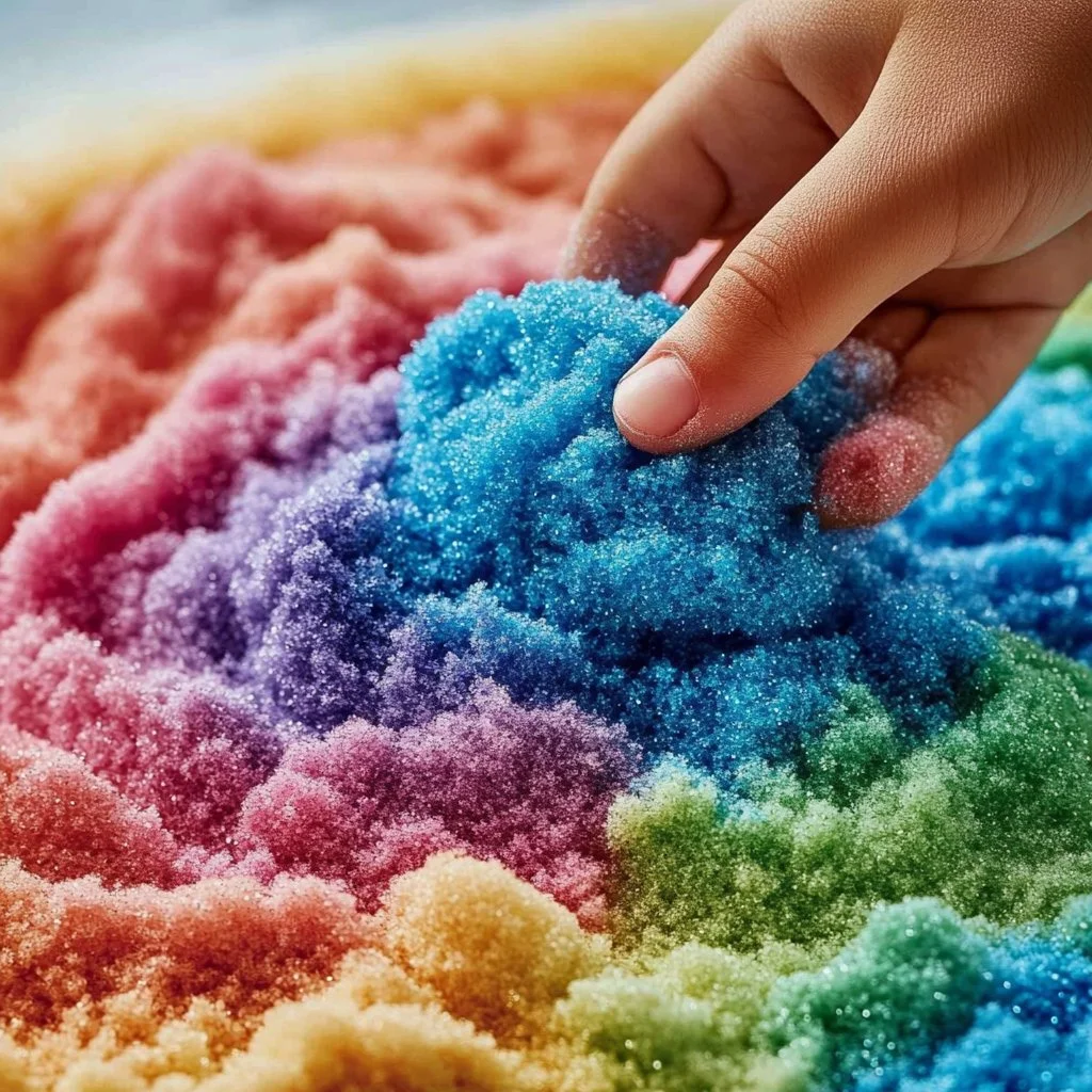 Homemade kinetic sand tutorial with colorful sand and DIY materials.
