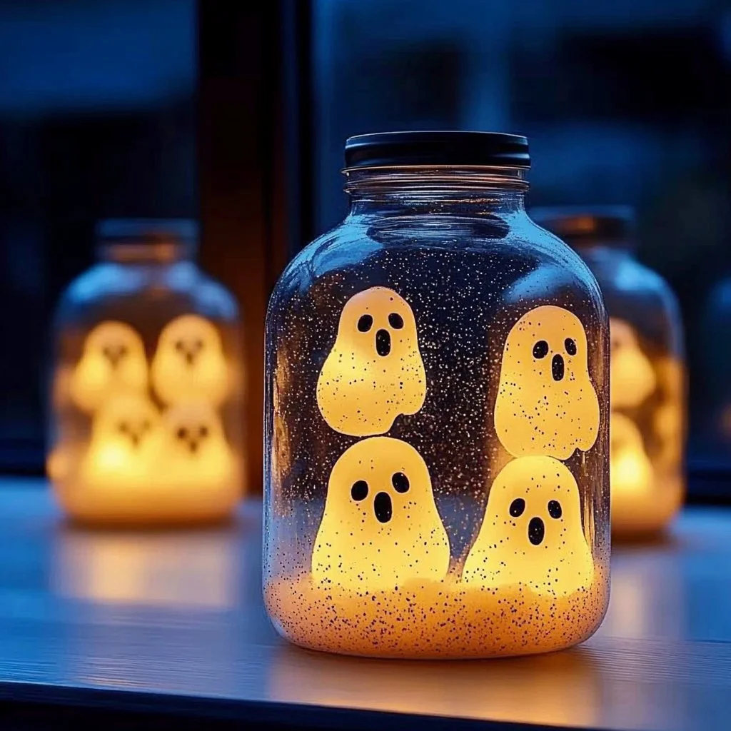 A floating ghost sensory jar filled with spooky decorations and floating ghosts for kids.