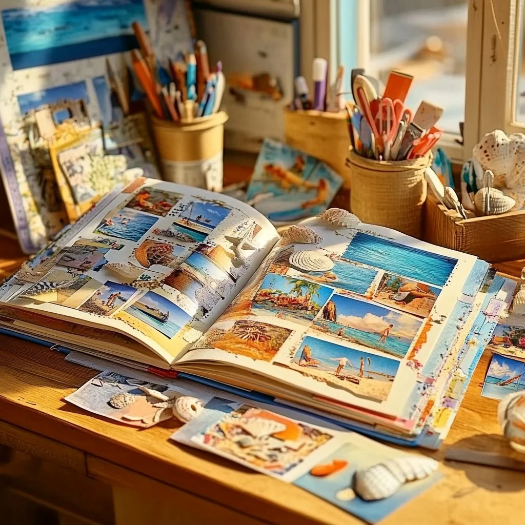 A colorful summer holiday scrapbook displaying photos and memorabilia.