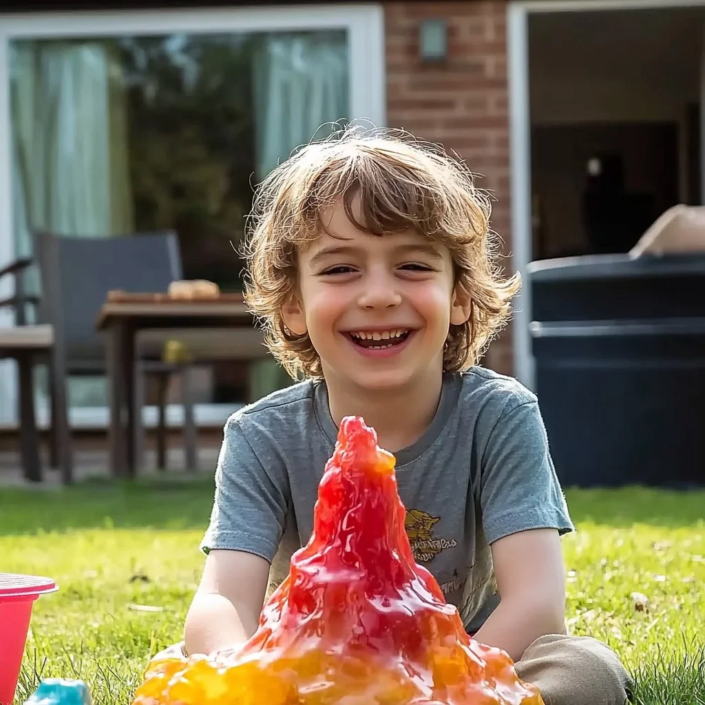 Kid-friendly erupting volcano experiment showing colorful lava flow.