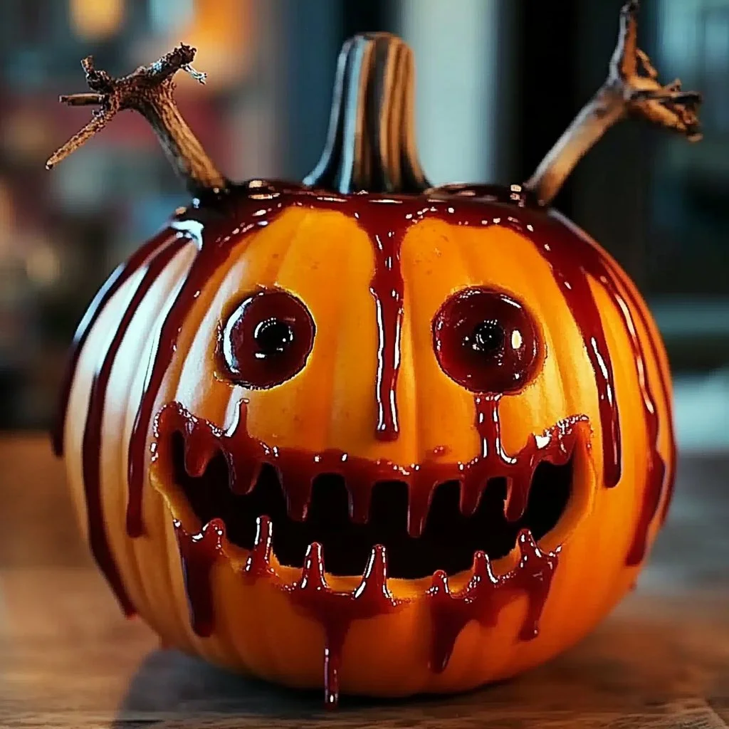 Bloodied pumpkin decorated with candy fingers for Halloween