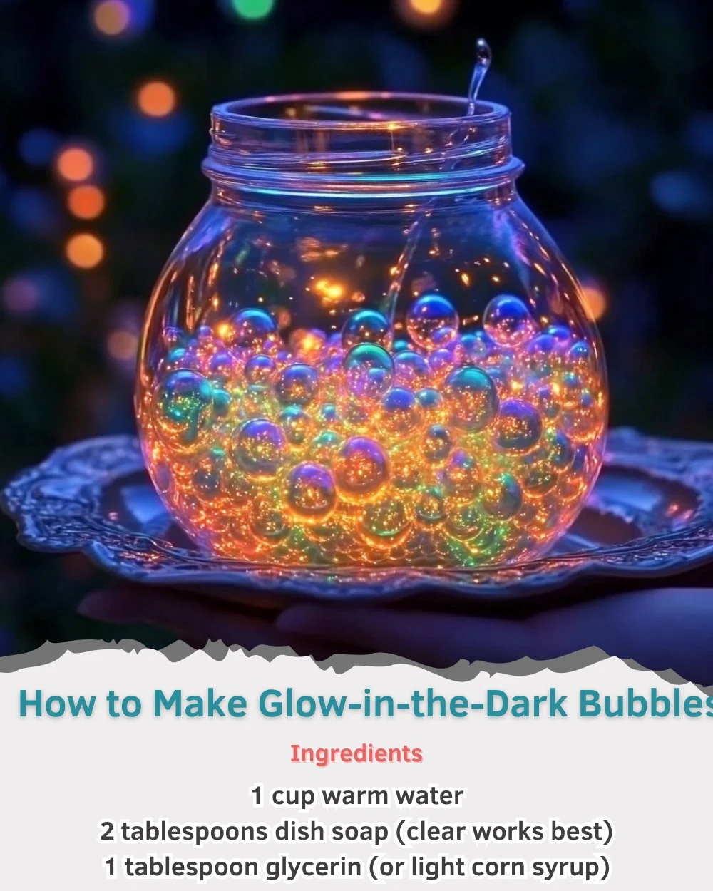 A bowl of homemade glow-in-the-dark bubbles glowing in the dark