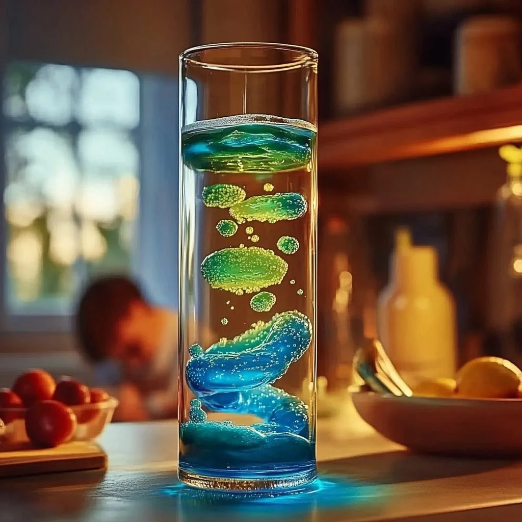 Colorful lava lamp experiment demonstrating liquid motion and bubbles.
