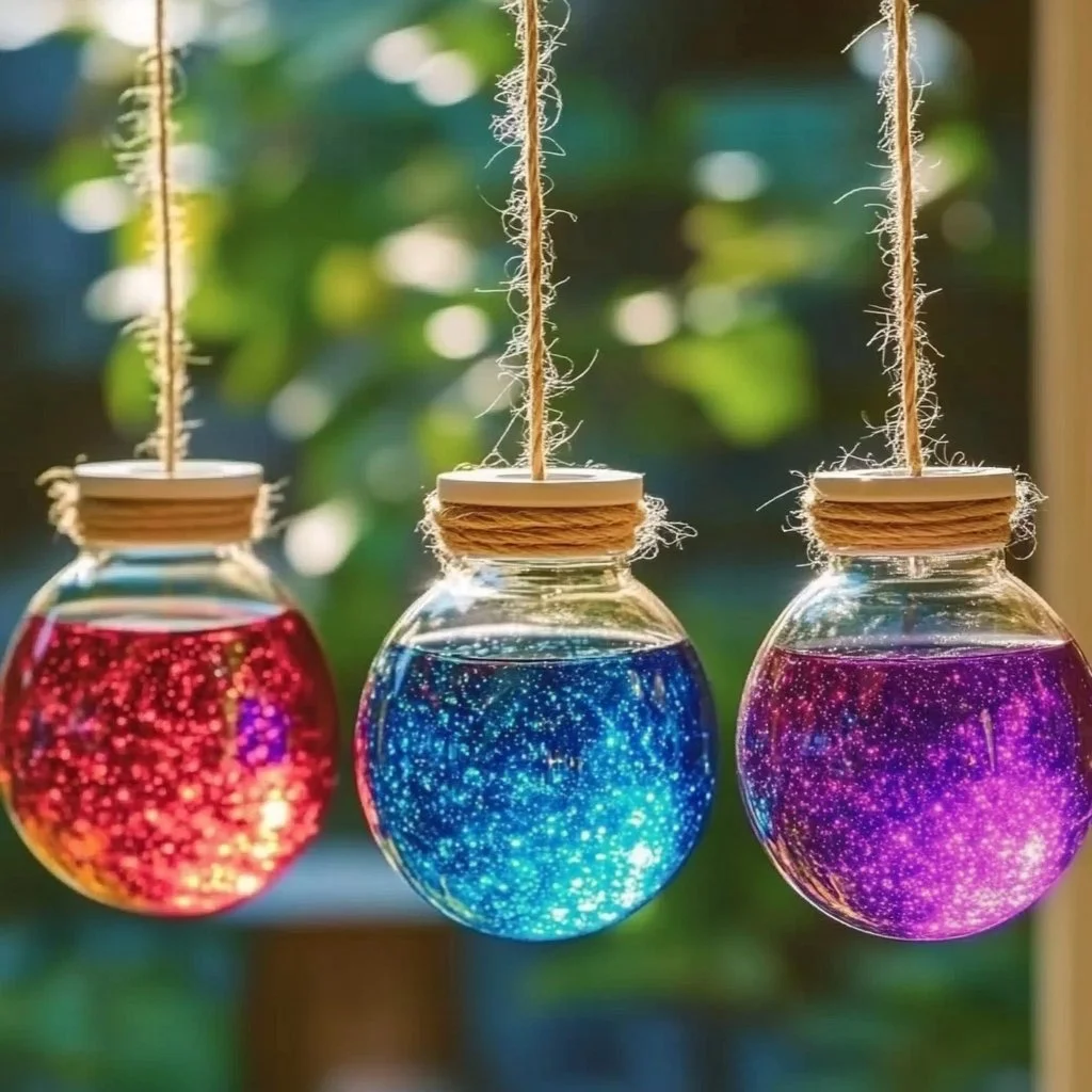 Vibrant lava lamp style suncatchers reflecting colorful light