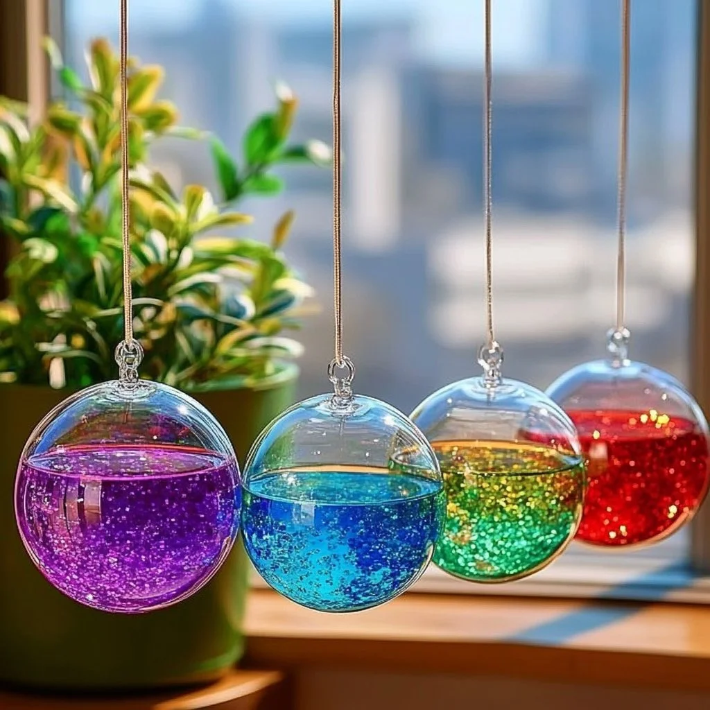 Colorful lava lamp style suncatchers reflecting light and color in a window