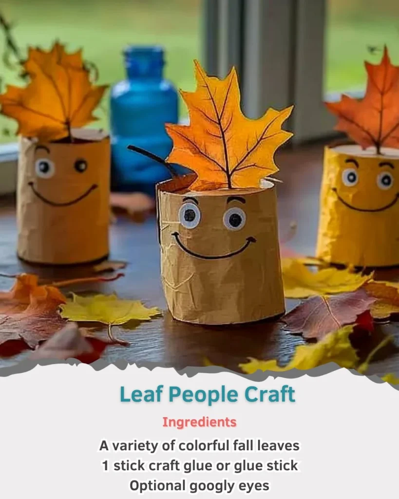 Colorful leaf people crafts made from natural materials, showcasing creativity and fun.