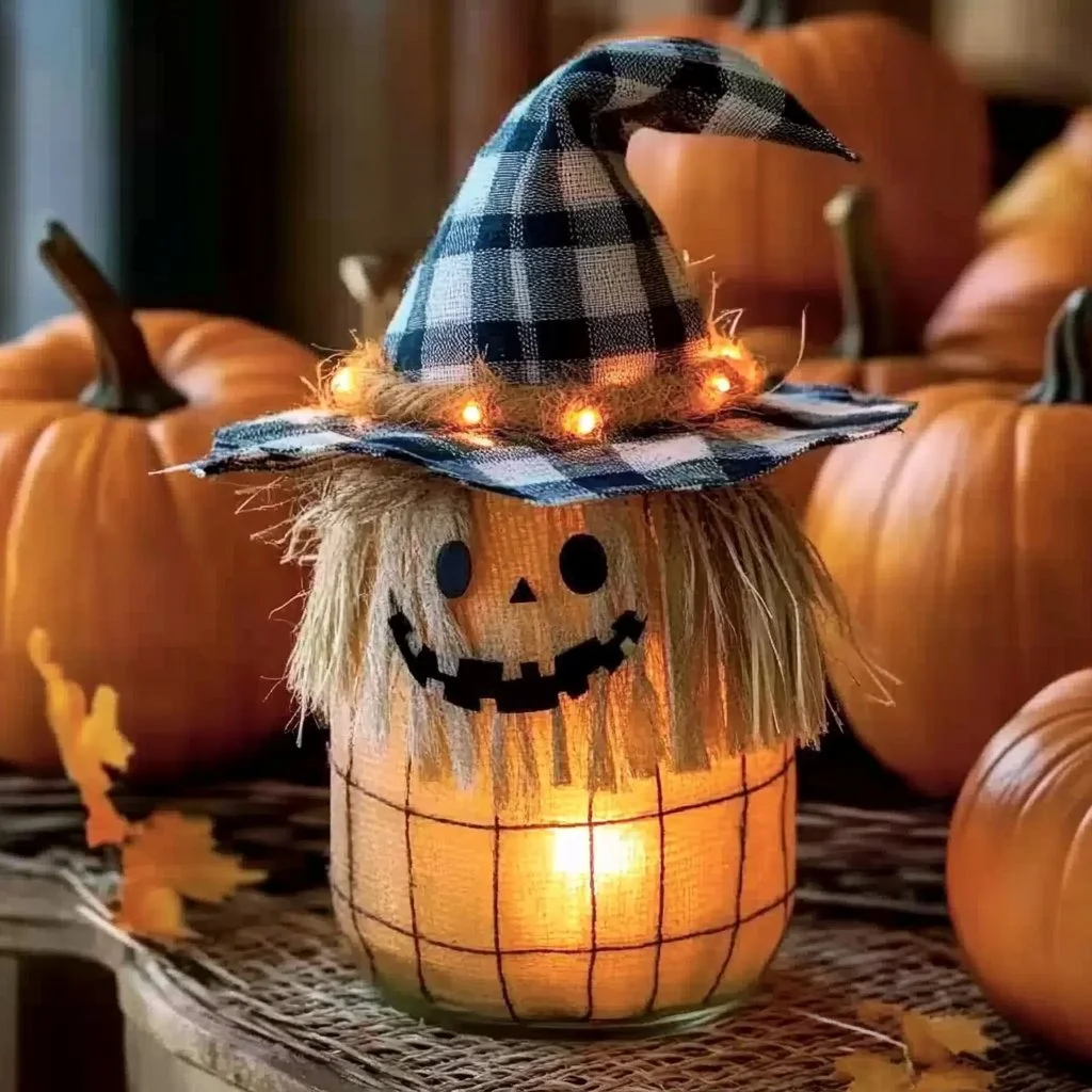 Light-up scarecrow mason jars for festive fall decoration