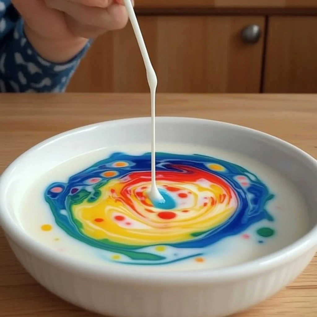 Colorful Magic Milk Experiment demonstrating chemical reactions with milk and food coloring