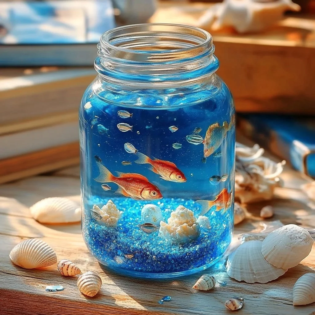 Beautiful Mason Jar Aquarium filled with water, plants, and miniature fish.