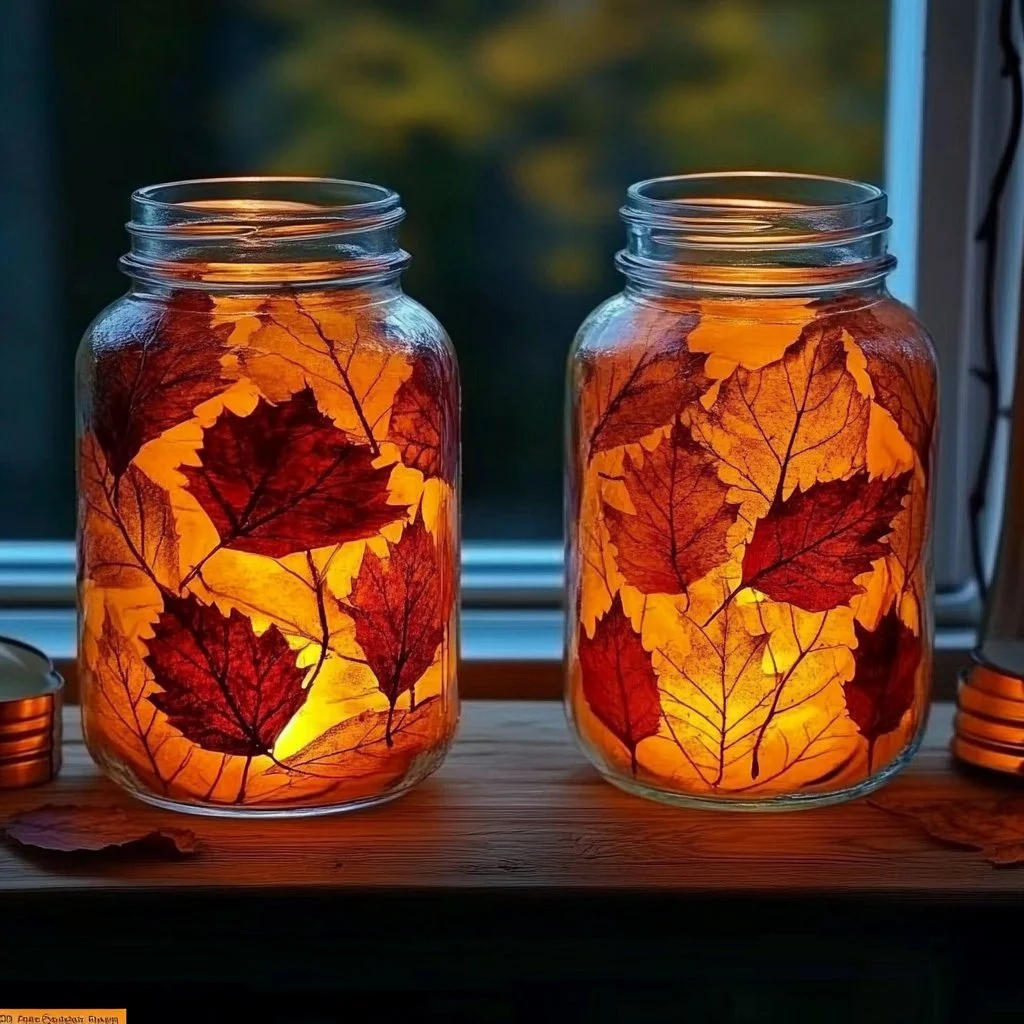 Mason Jar Leaf Lanterns illuminated with autumn leaves