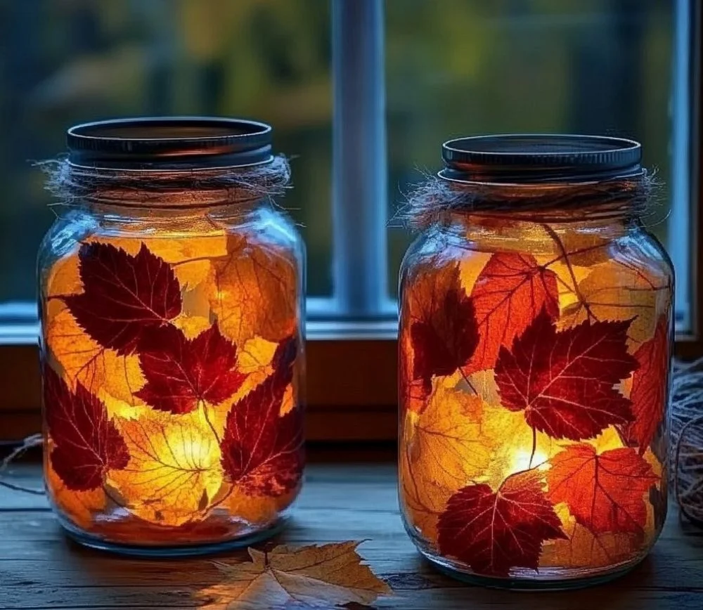 Mason jar leaf lanterns glowing with autumn leaves for cozy home decor