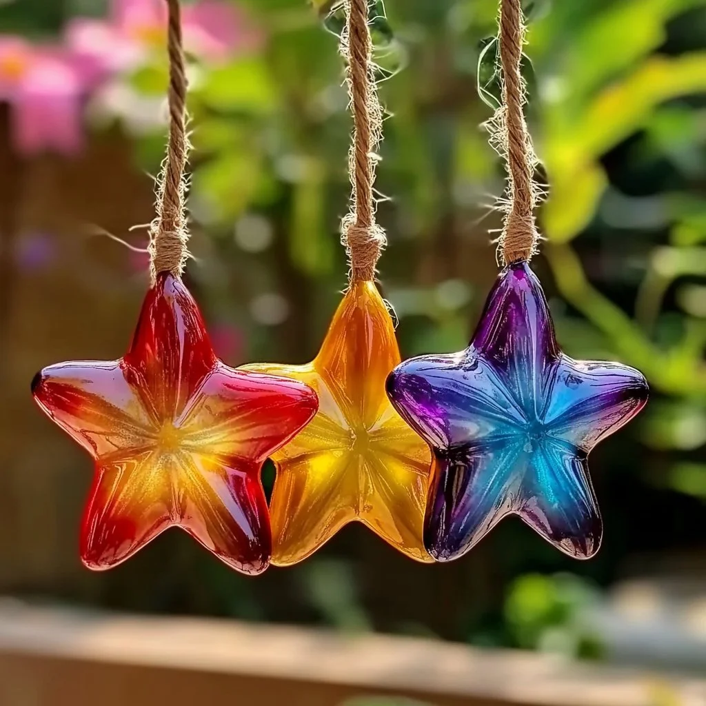 Colorful melted crayon star suncatchers hanging in sunlight