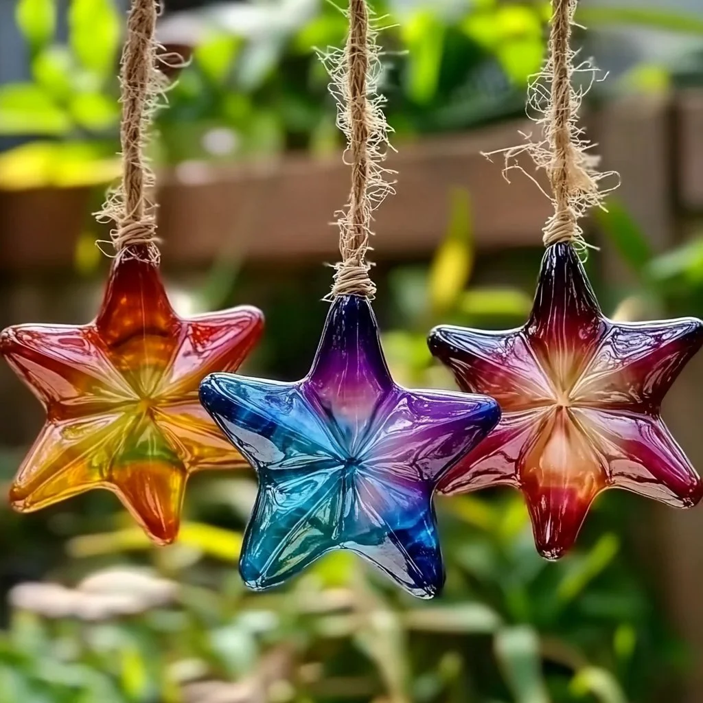 Colorful star suncatchers made from melted crayons shining in the sunlight.