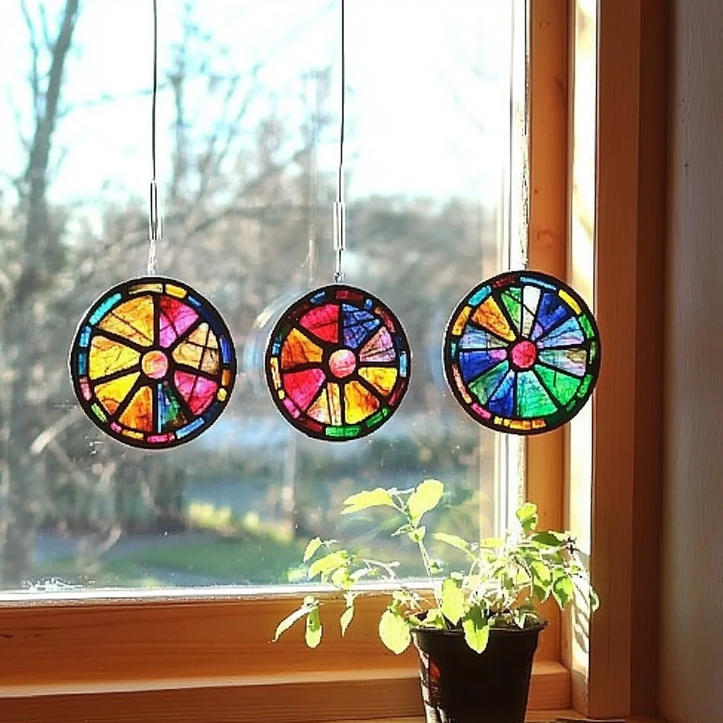 Colorful melted crayon suncatchers hanging in a window