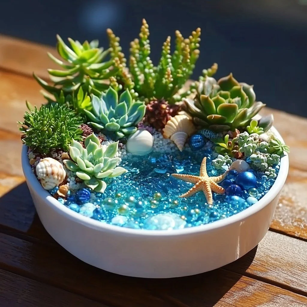 A beautiful Mermaid Garden featuring colorful succulents and ocean-themed decorations.