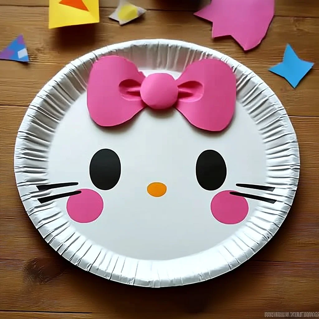Colorful paper plate craft featuring Hello Kitty design for kids' activities.