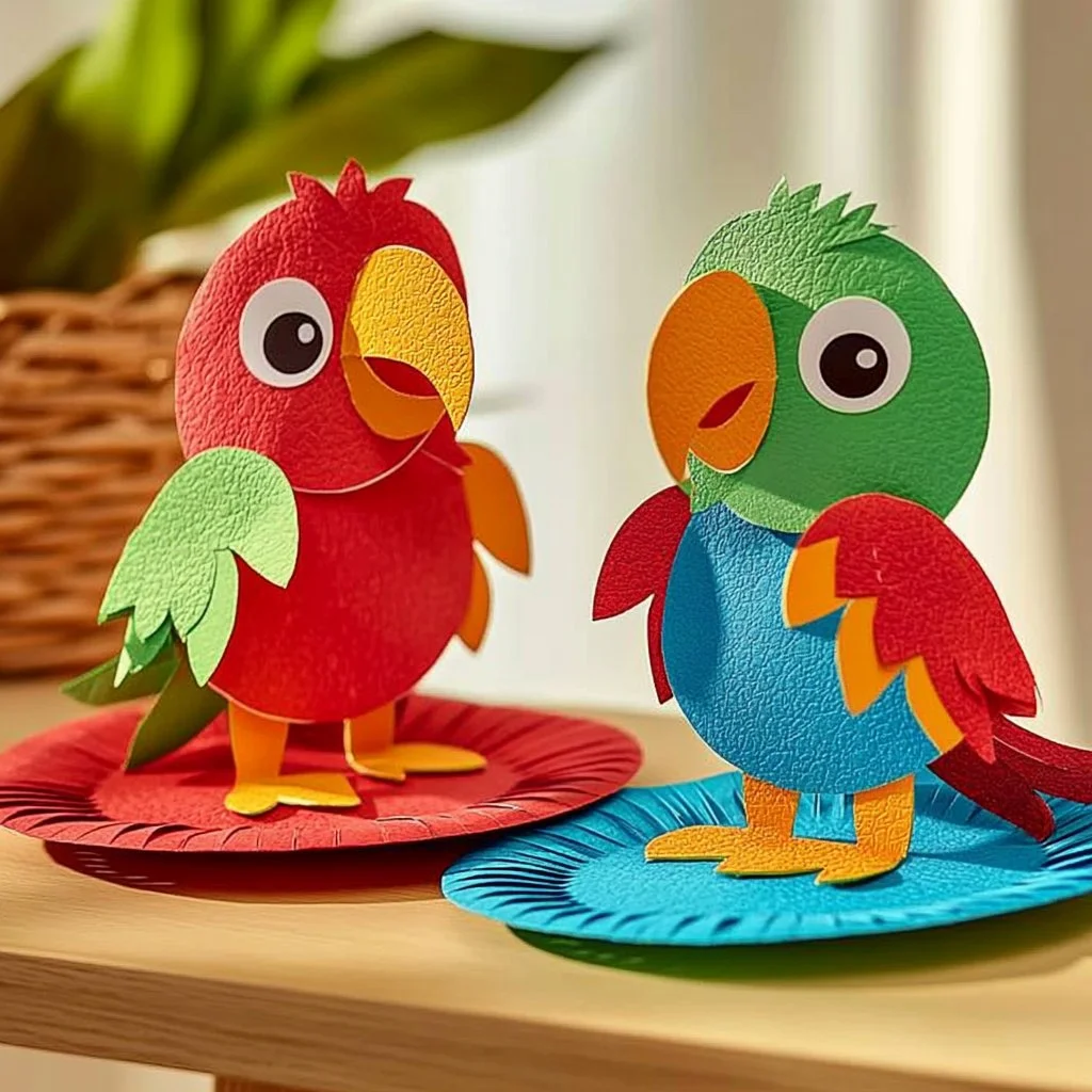 Colorful paper plate parrots craft for kids