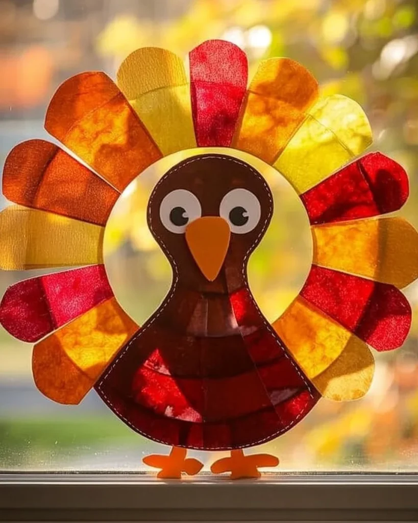 Colorful paper plate turkey suncatcher craft for Thanksgiving decoration.