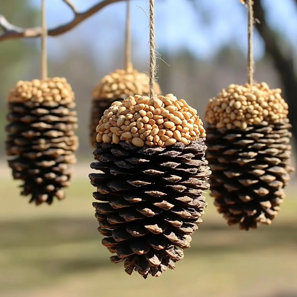 DIY pinecone bird feeder decorated with seeds and twine for backyard birds