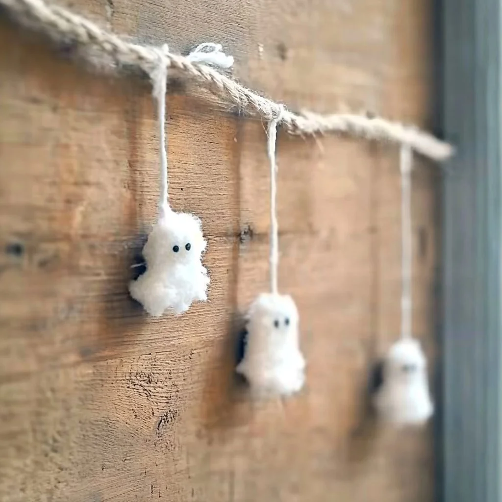 Colorful Pom Pom Ghosts made by kids for Halloween crafts