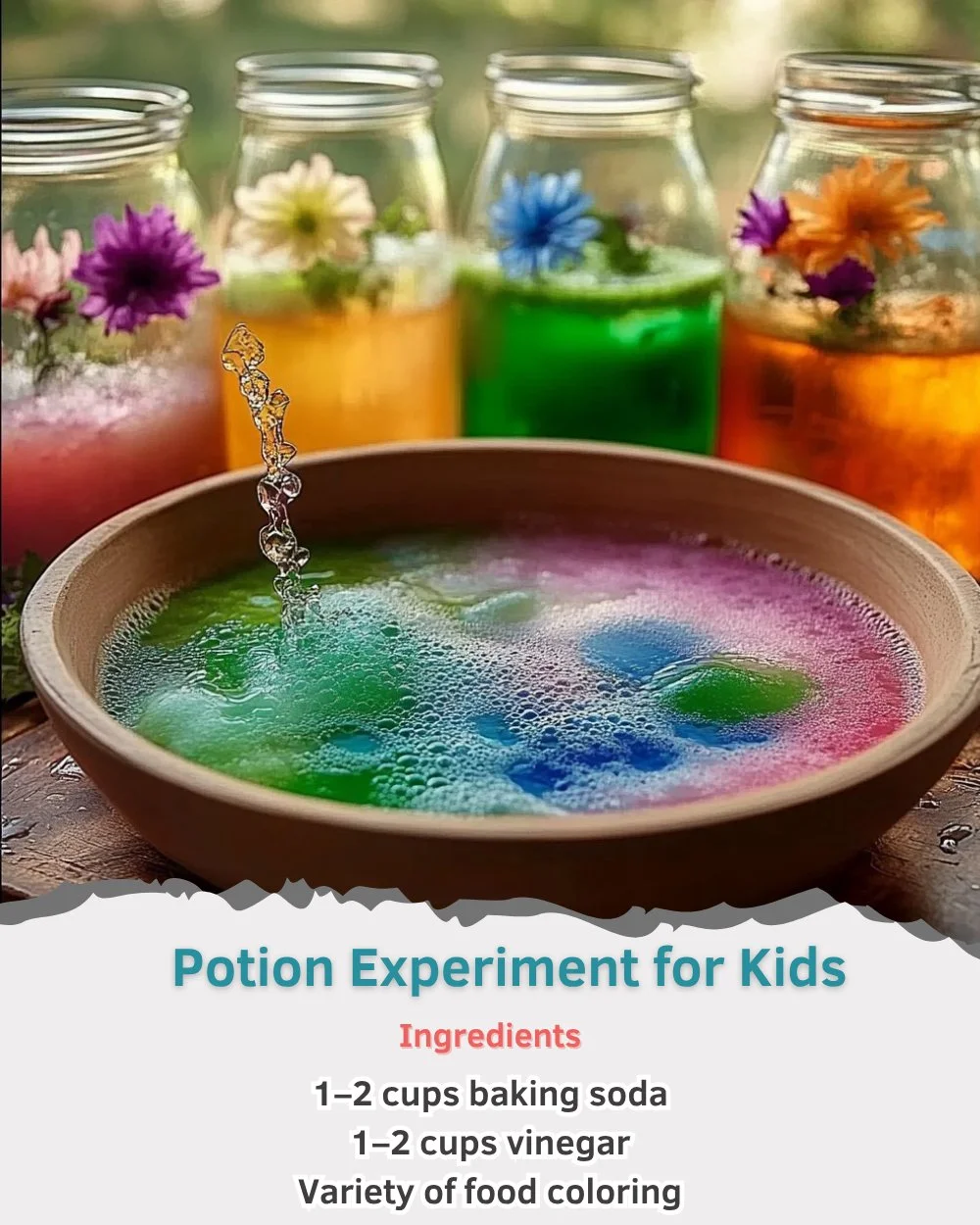 Kids conducting a fun potion experiment with colorful liquids and ingredients.