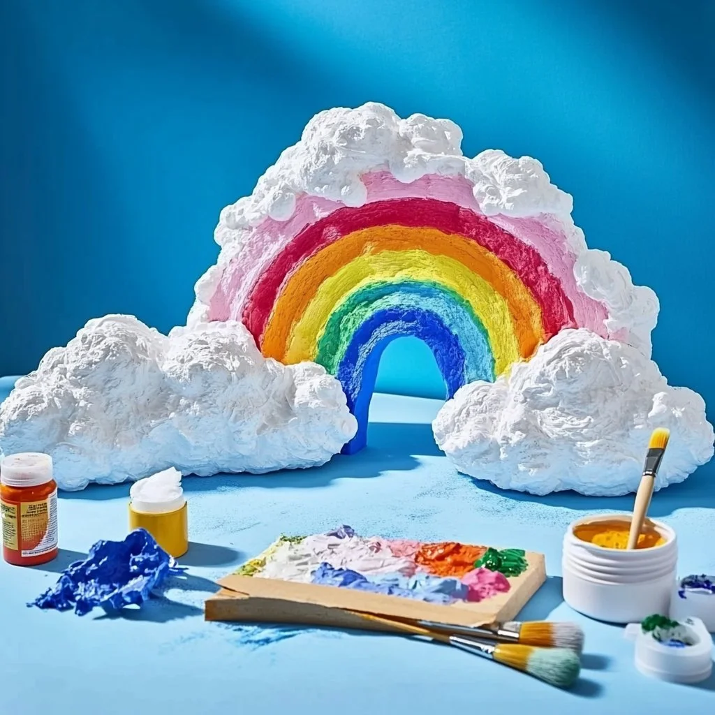 Vibrant puffy clouds and rainbows painting showcasing a dreamy landscape