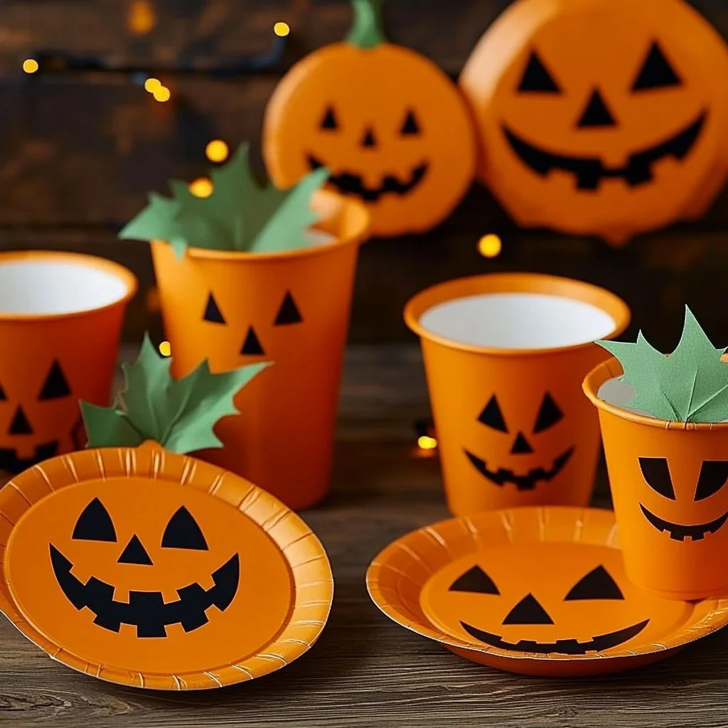 DIY pumpkin faces made from colorful paper cups and plates.
