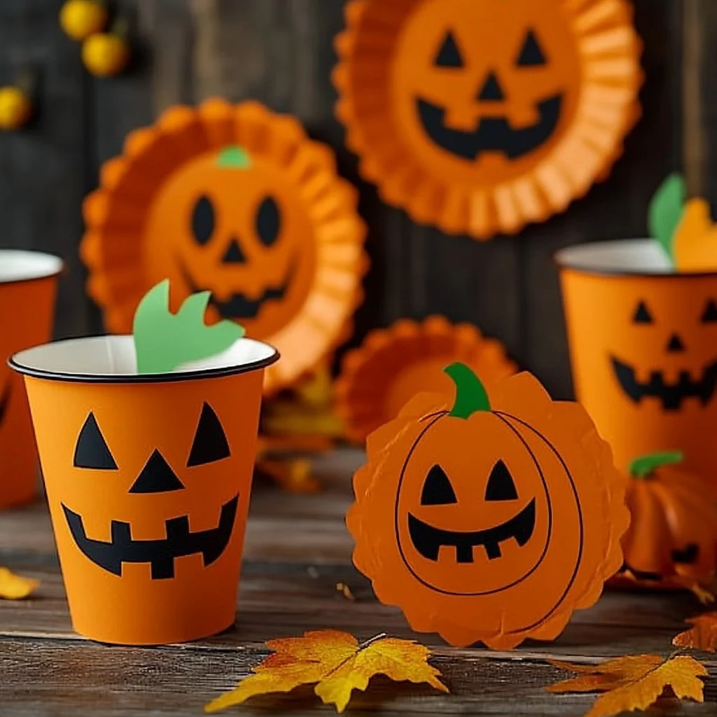 Creative pumpkin faces made from paper cups and plates for Halloween decor