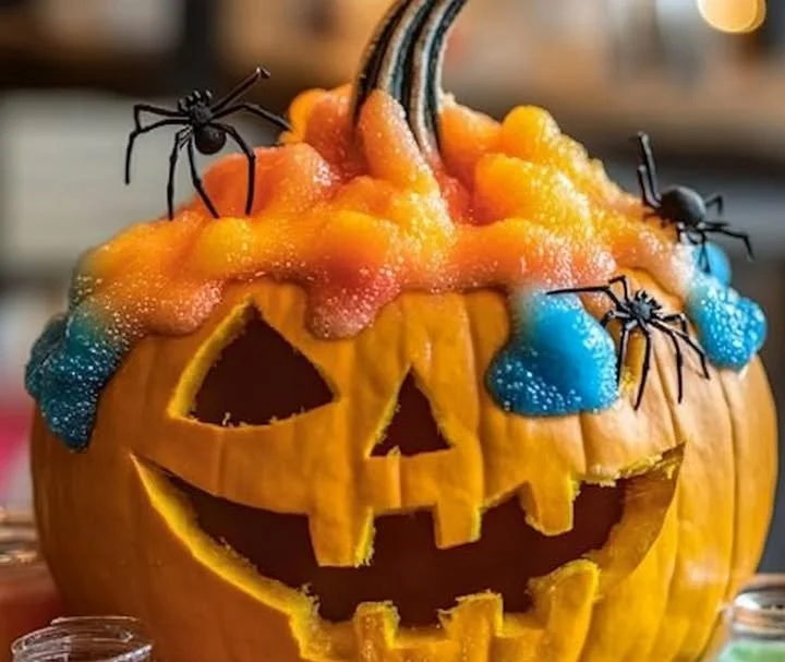 Pumpkin volcano eruption showcasing vibrant colors and festive autumn vibes.