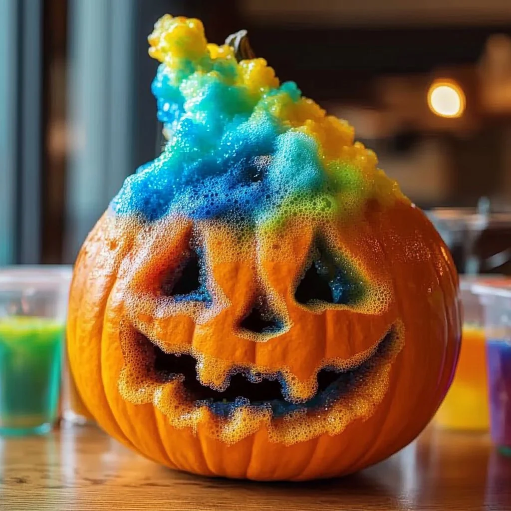 Colorful Pumpkin Volcano eruption with vibrant paint and Halloween decorations