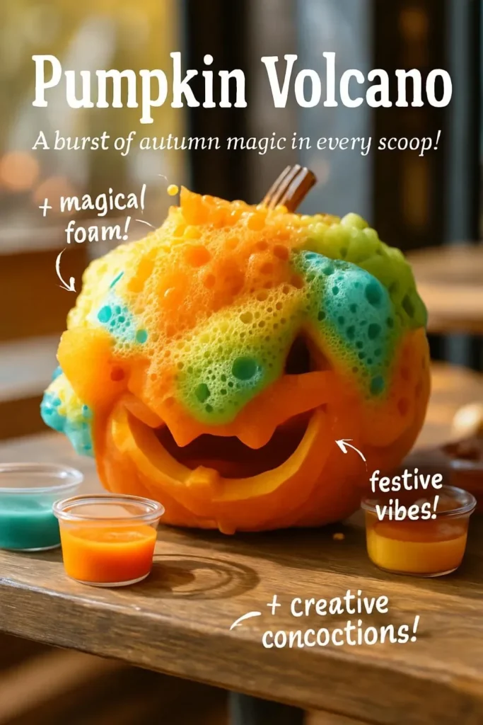 Colorful Pumpkin Volcano eruption experiment for kids