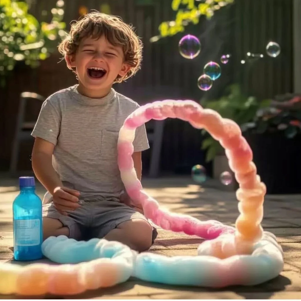Kids enjoying and creating rainbow bubble snakes at an outdoor event.