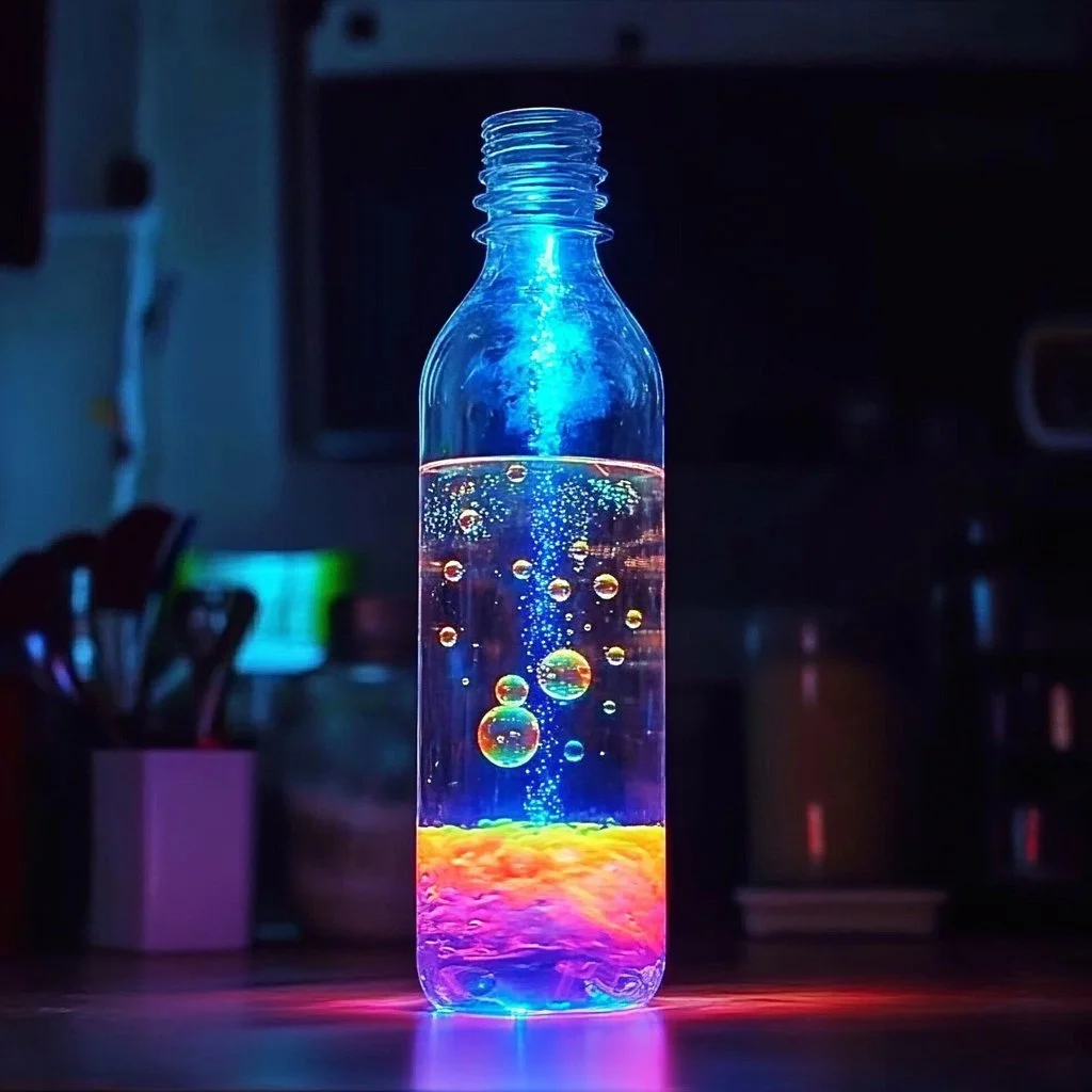 Colorful Rainbow Glow Lava Lamp illuminating a cozy room.