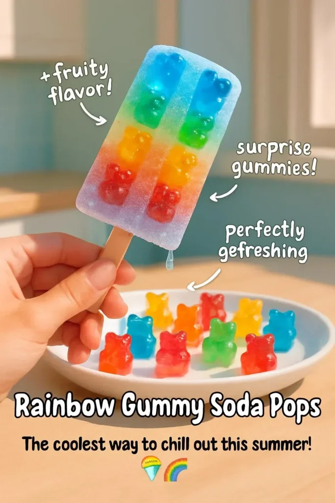 Colorful rainbow gummy soda pops in various shapes and flavors.