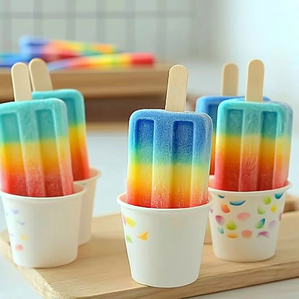 Colorful Rainbow Popsicles in a row, refreshing homemade summer treats.