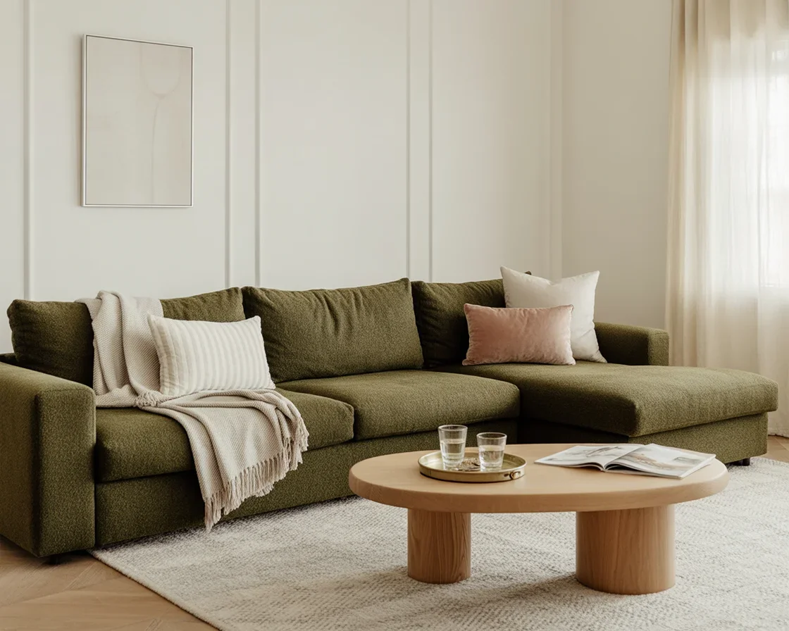Beta Cypress Green Right Chaise Sectional in Scandinavian Living Room setting.