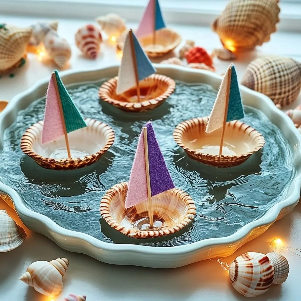 Colorful seashell sailboats displayed on a wooden table.