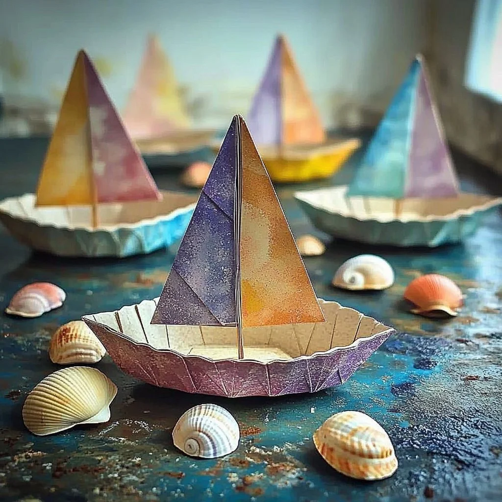 Beautiful seashell sailboats displayed artfully on a beach.