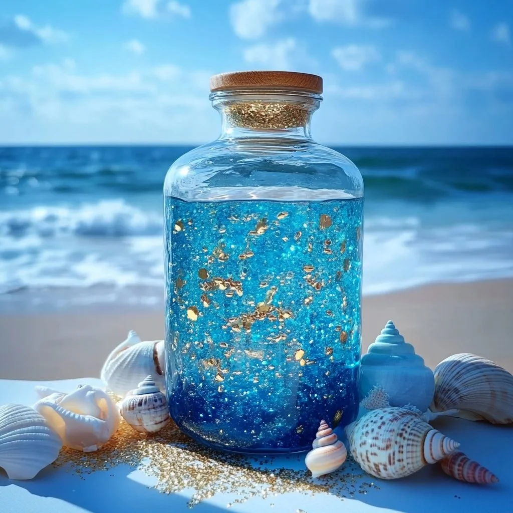 Calming sensory ocean jar filled with blue water beads and decorative sea elements