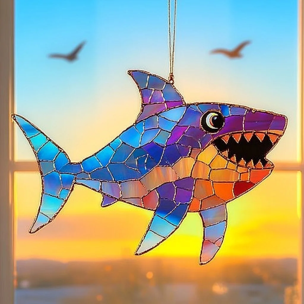 DIY Shark Suncatcher craft project showcasing colorful designs