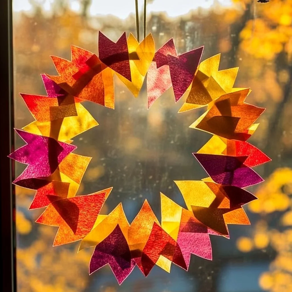 Shimmering autumn leaf suncatcher hanging in window, reflecting light.