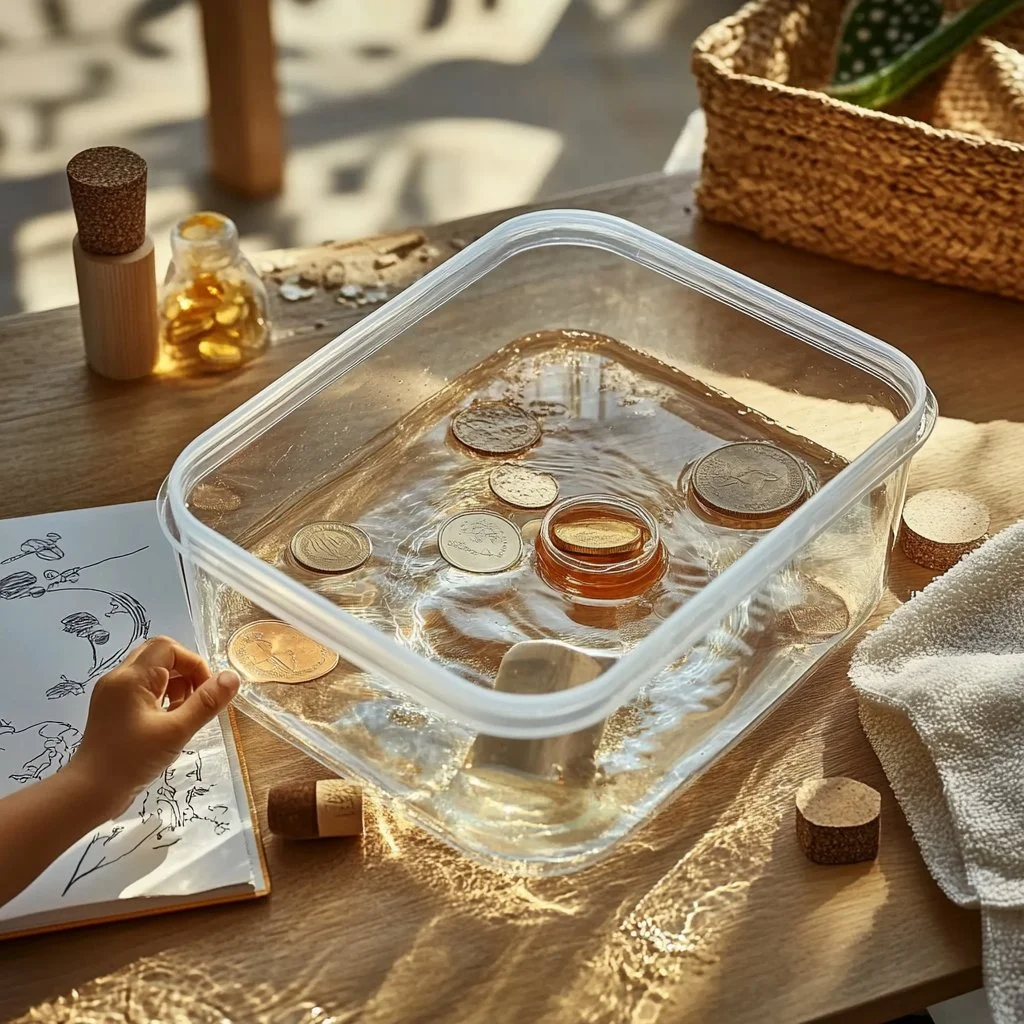 Children conducting a sink or float experiment with various objects in water.
