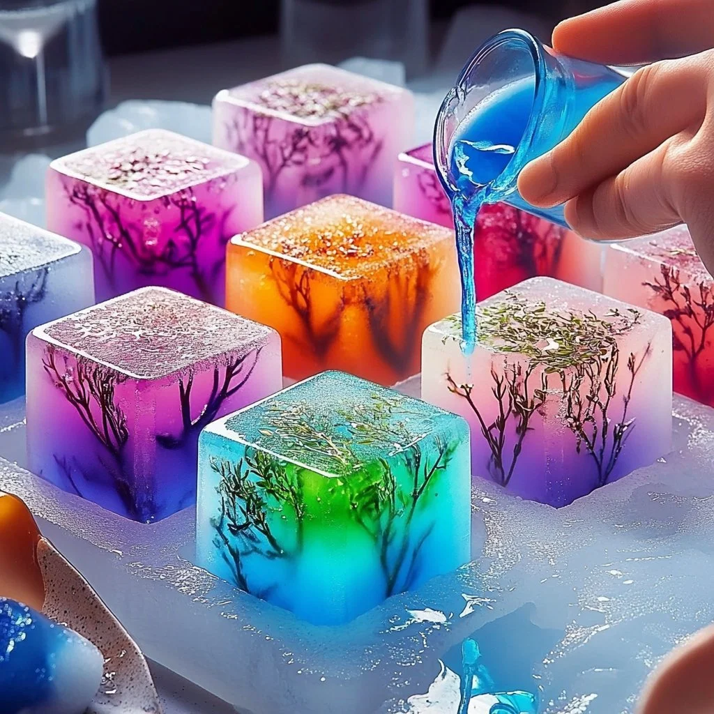 Colorful rainbow ice cubes adding fun to drinks for kids