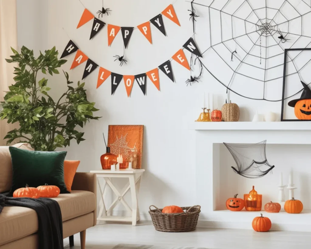 Spooky living room Halloween decor ideas featuring ghost pillows and candelabras.