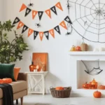 Spooky living room Halloween decor ideas featuring ghost pillows and candelabras.