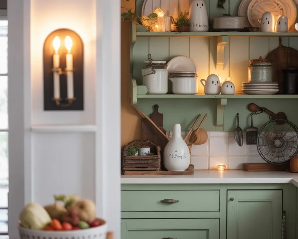 Spooky chic Halloween kitchen decoration with ghost tealight holders and pumpkins.