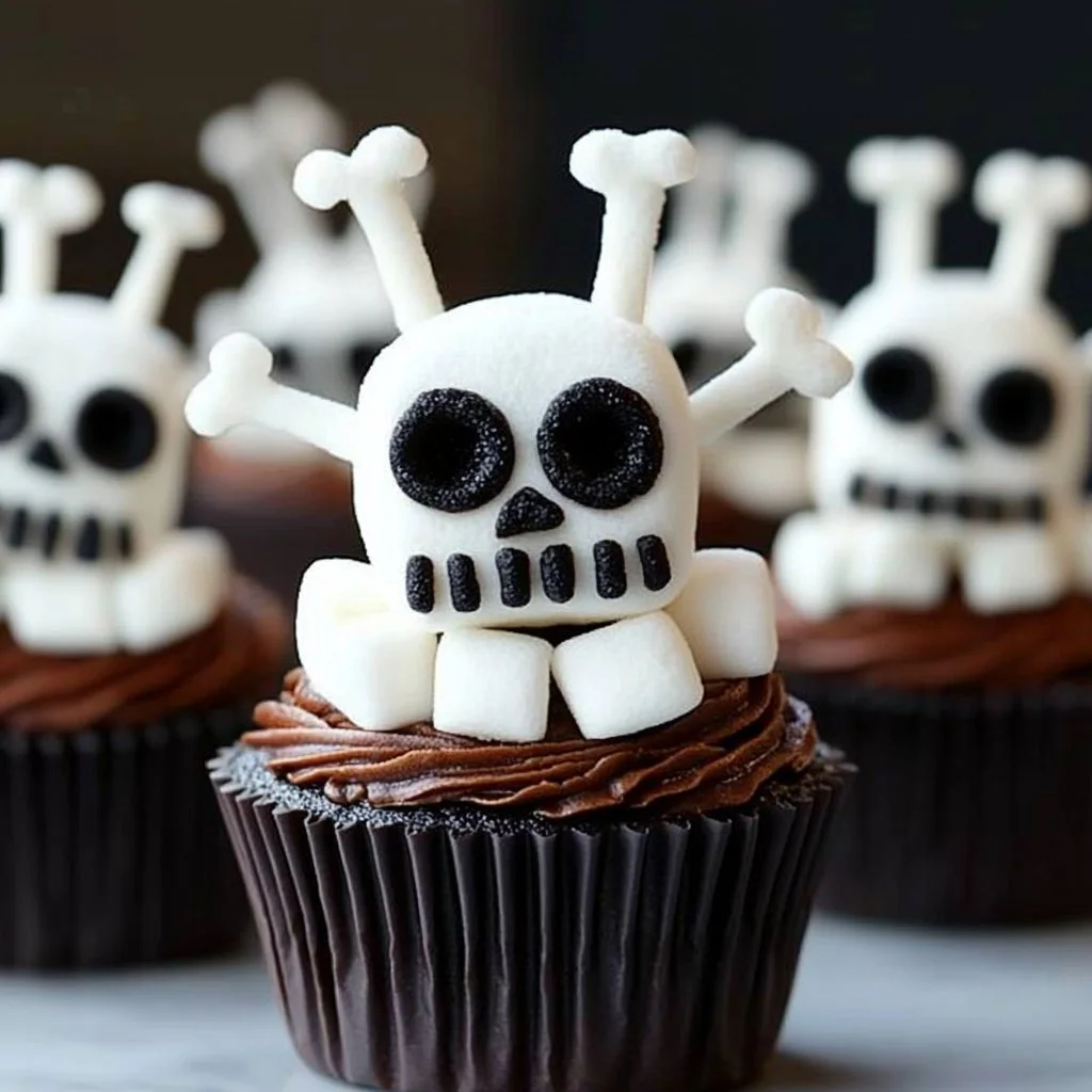 Spooky skeleton chocolate cupcakes decorated for Halloween