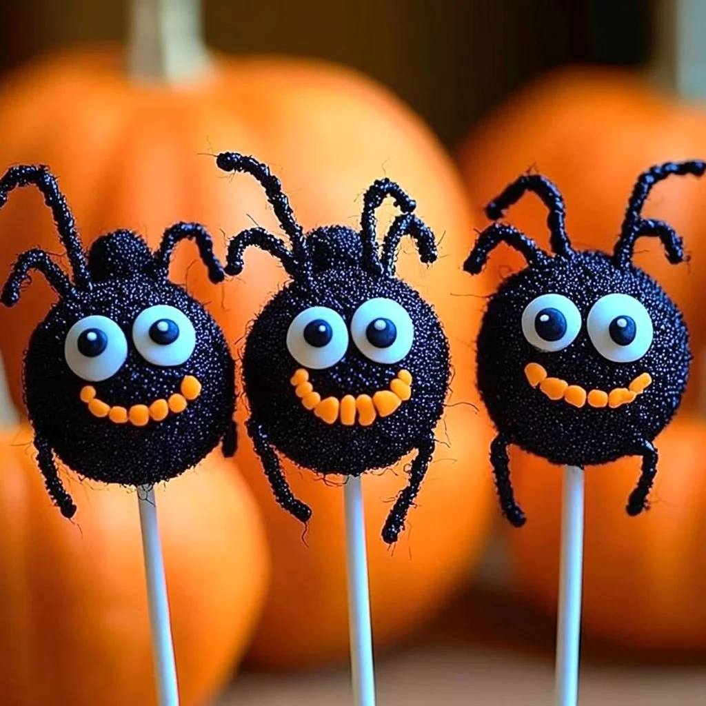 Homemade spooky spider lollipops for Halloween decoration and treats.