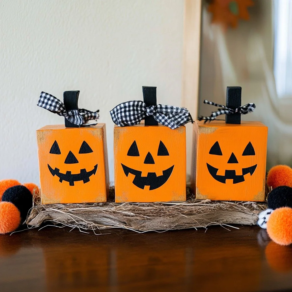 Spooky wooden Jack-O-Lanterns displayed for Halloween decoration