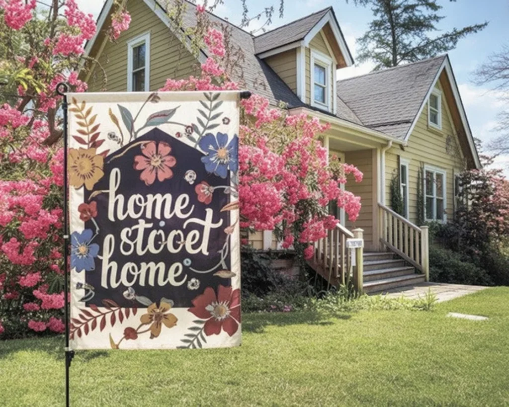 Colorful garden flags decoration for outdoor and indoor garden aesthetics.